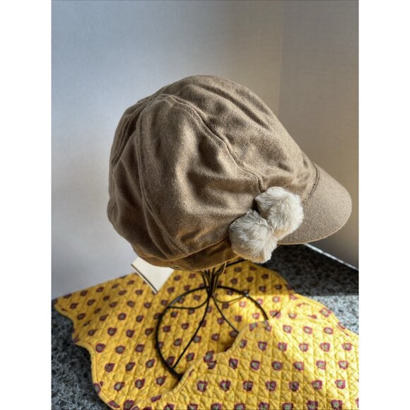 Paper Boy womens Tan cabbie Wool Blend hat with brim & poms new‎ Warm - Picture 4 of 8